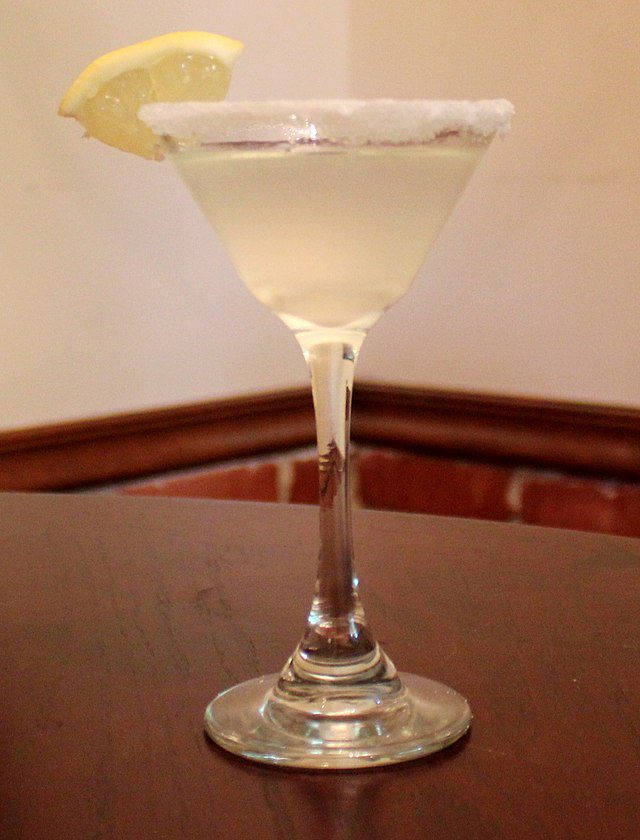 A Lemon Drop cocktail in a small Martini glass.