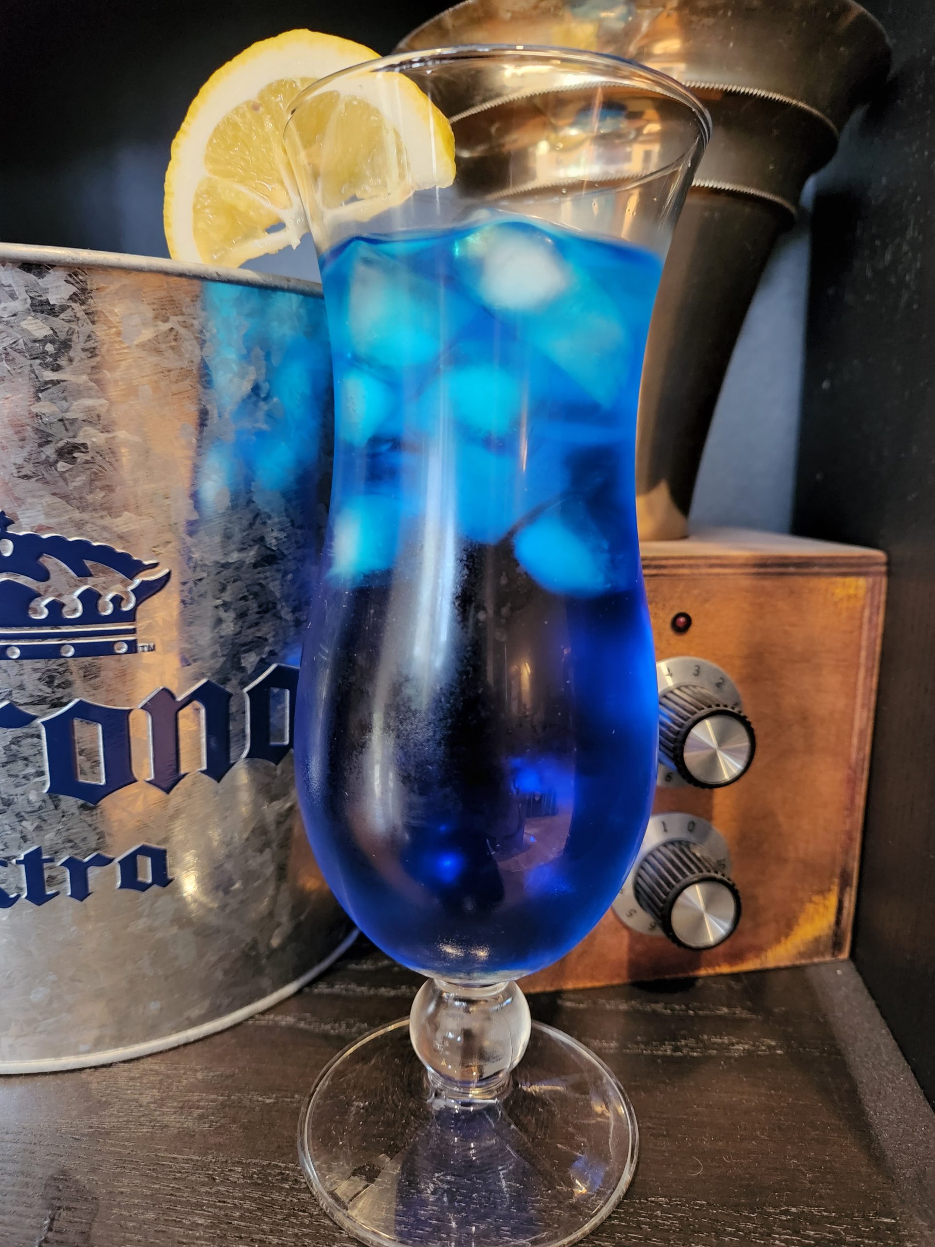 A Blue Lagoon cocktail.