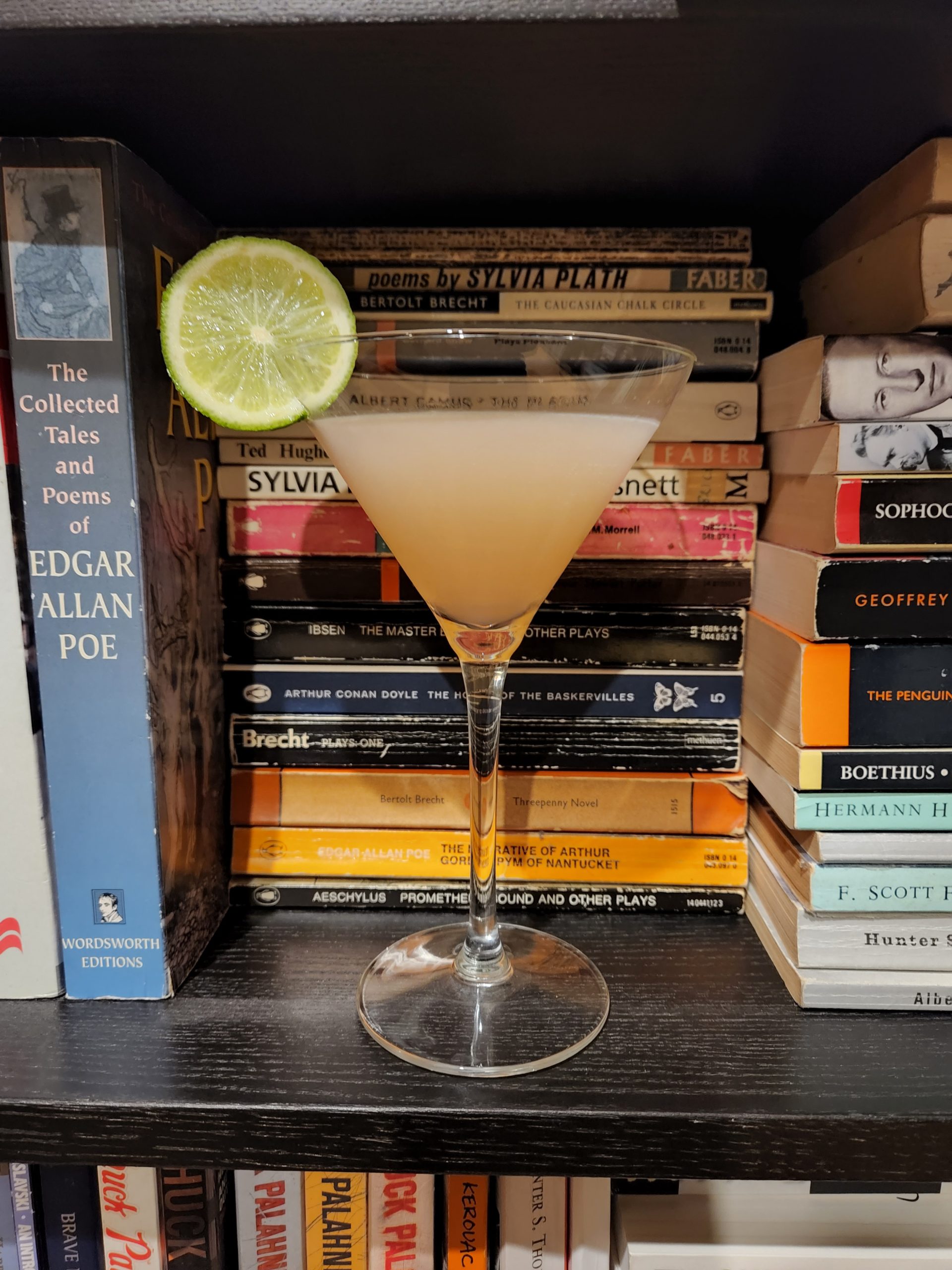 A Hemingway Daiquiri on a bookshelf.