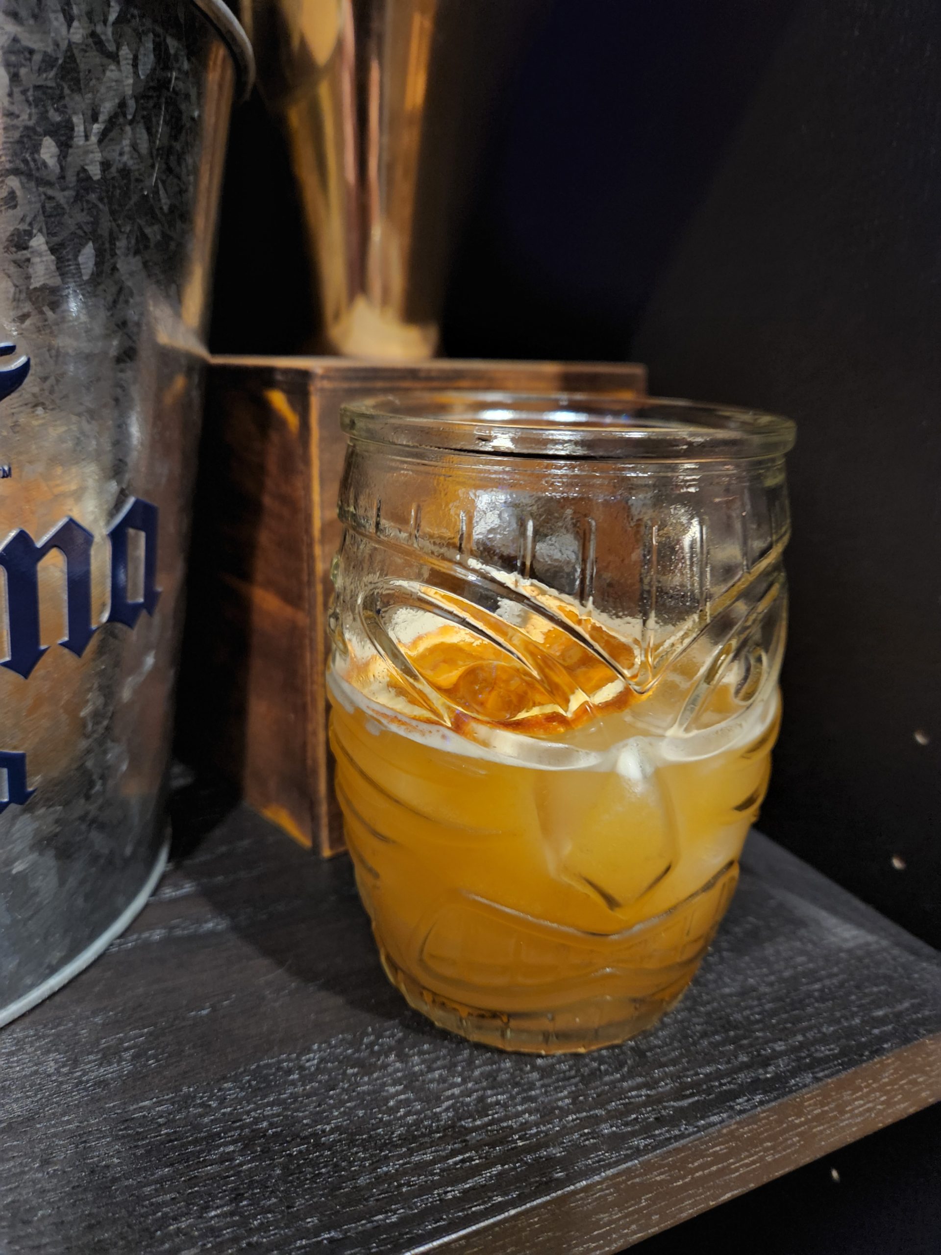 A Tiki 43 cocktail in an unusual Tiki glass.