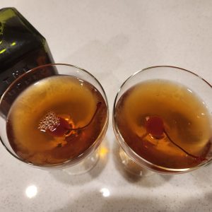 Two Tootsie Roll cocktails pictured from the top.