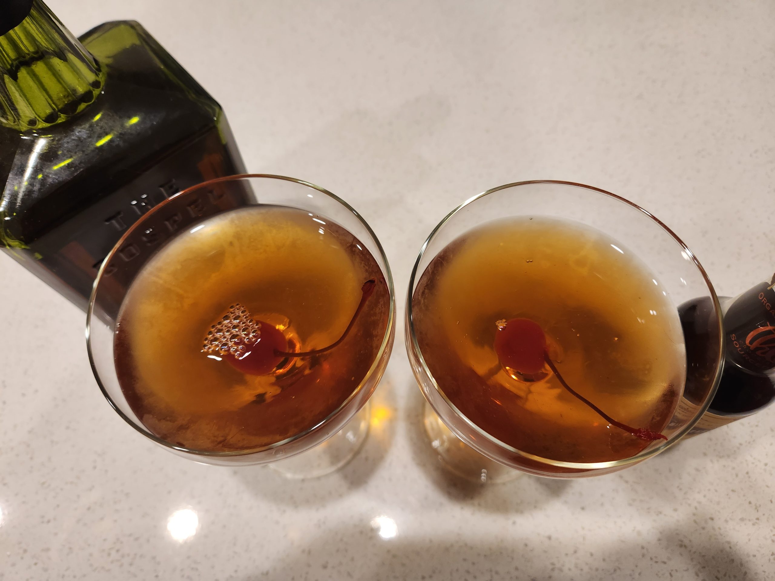 Two Tootsie Roll cocktails pictured from the top.